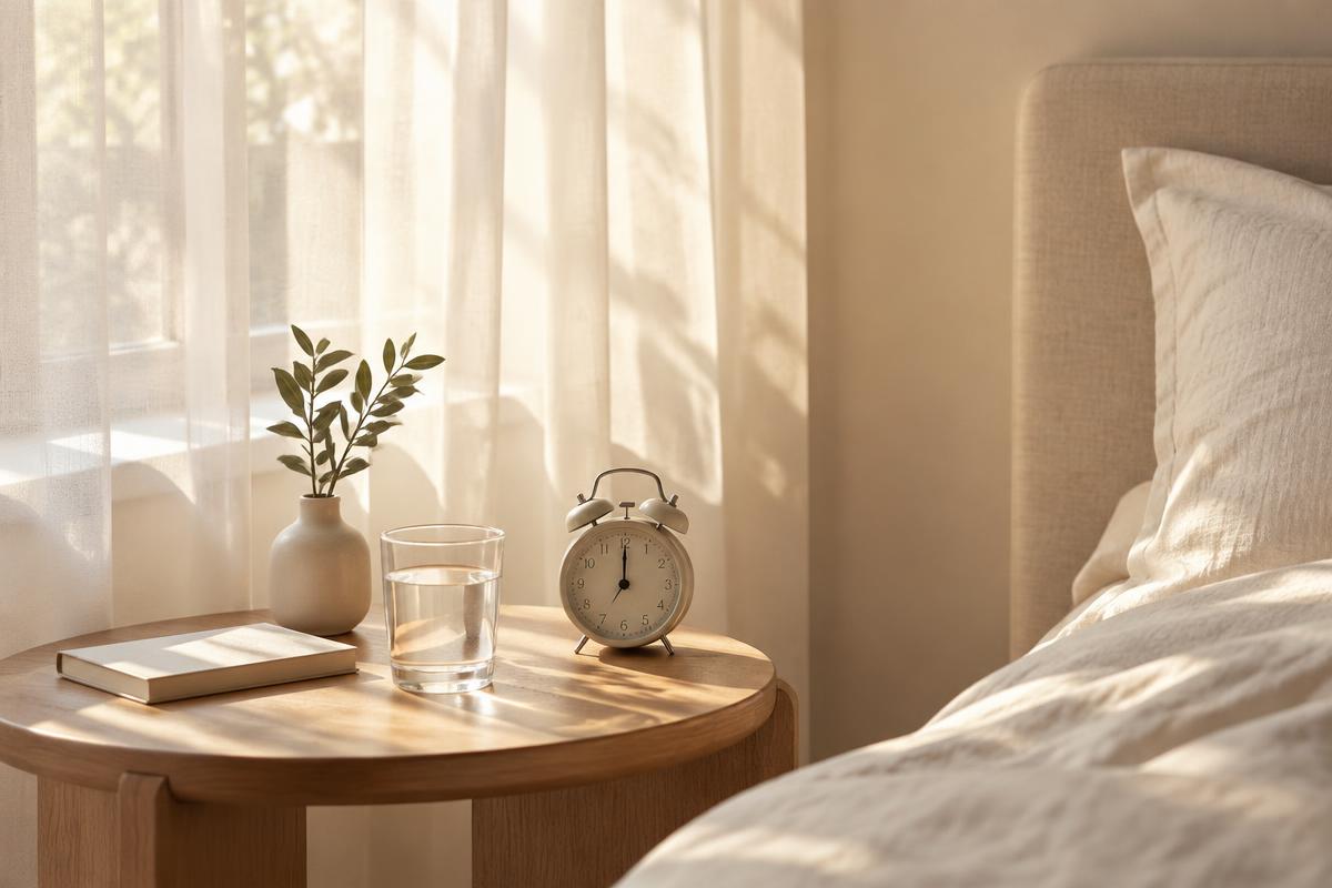 Morning sunlight on a bedside table with a glass of water and an alarm clock